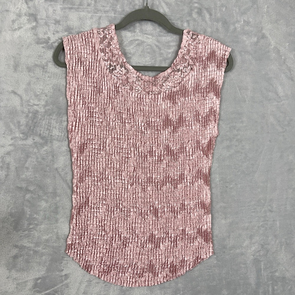 Cocquette Cami Tank Top Womens L Pink Stretchy Crinkle Satin Lace Feminine - Picture 5 of 9